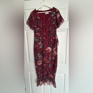 Vone Floral Burgundy Mireya Midi Dress Size 2